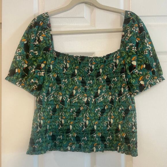 Dolan x Anthropologie Green Left Coast Smocked Puff Sleeved Top Tropical Bird XL - Picture 1 of 13